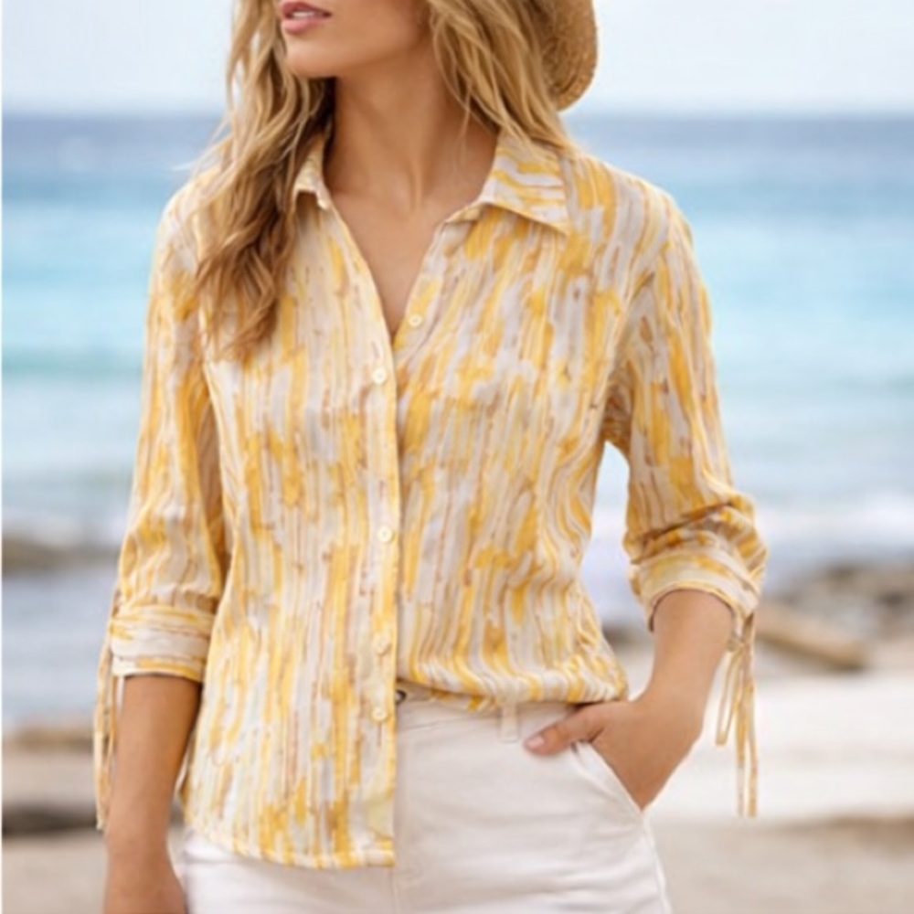 Linen Button Shirt J M Collection Petite 4 Yellow Abstract Top 3/4 Sleeves - Picture 4 of 6